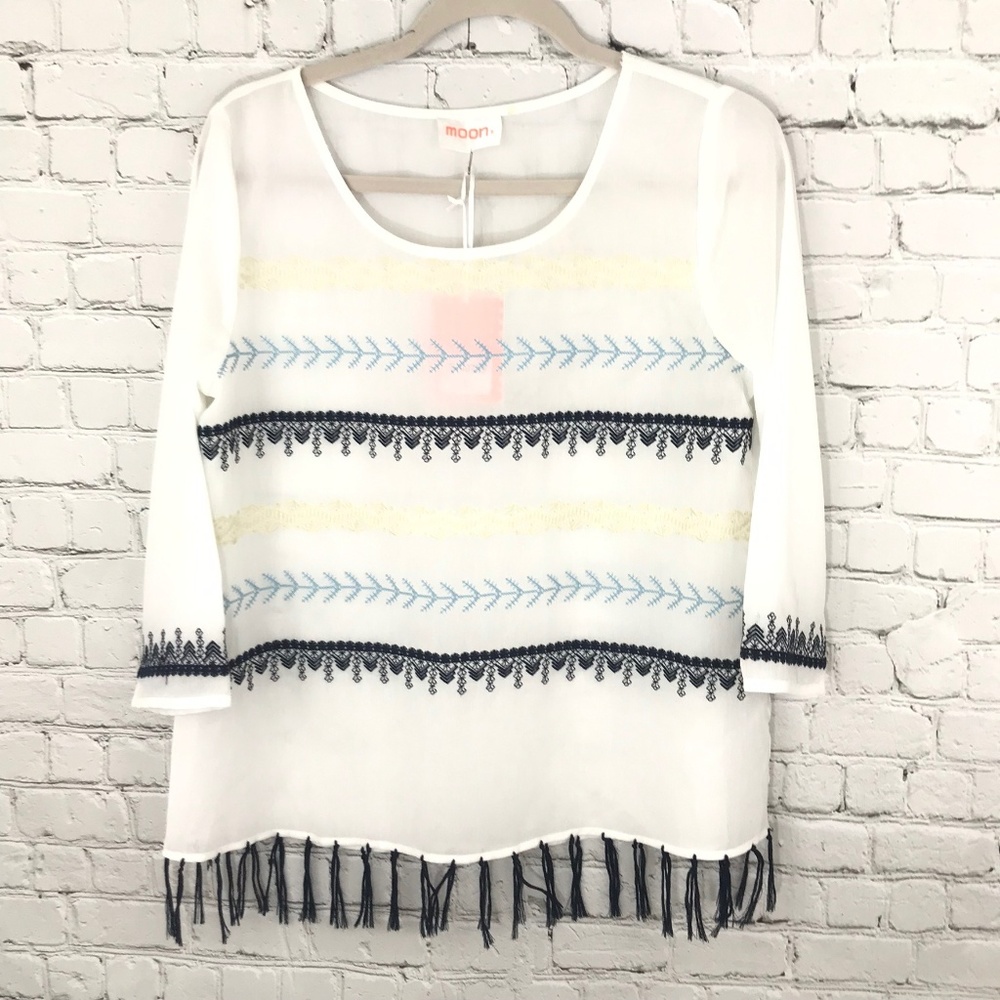 Stitch Fix Moon Tassle Boho Blouse Sz SM NWT